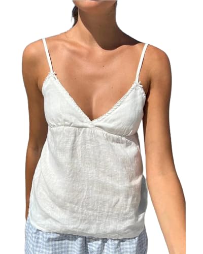 Acrawnni Damen Y2K Spitze V Ausschnitt Camis Ärmellos Spaghettiträger Rückenfrei Tank Crop Tops Cute Fairy Lace Trim Camisole, D-weiß, S von Acrawnni