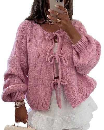 Acrawnni Damen Y2K Strickjacke mit Schnürung vorne und Schleife, einfarbig, V-Ausschnitt, Grobstrick, lange Puffärmel, lockere Strickware, A-Pink, M von Acrawnni