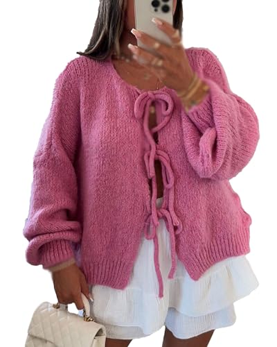 Acrawnni Damen Y2K Strickjacke mit Schnürung vorne und Schleife, einfarbig, V-Ausschnitt, Grobstrick, lange Puffärmel, lockere Strickware, B-Rose Red, M von Acrawnni