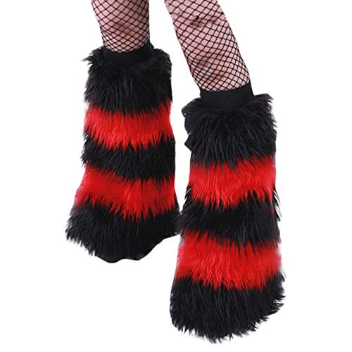 Acrawnni Damen Y2k Beinstulpen gerippt gestrickt Harajuku Kawaii Beinlinge Kunstfell Fuzzy Beinlinge Streetwear (S-Schwarz Rot, Einheitsgröße), S-Schwarz Rot, One size von Acrawnni