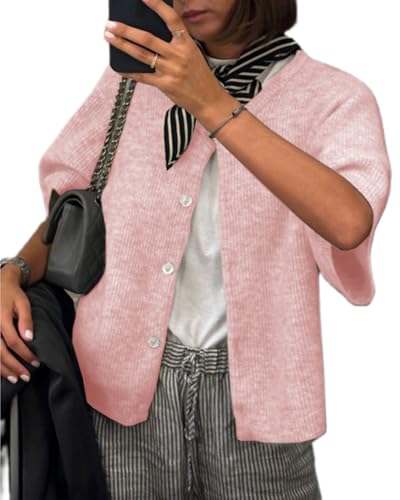 Acrawnni Damen Y2k Crop Knit Cardigan Button Down Kurzarm Rippstrick Crop Top Sweater Stricktops Outwear Streetwear, A-Pink, L von Acrawnni