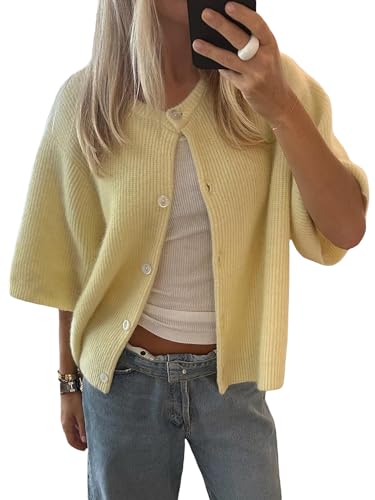 Acrawnni Damen Y2k Crop Knit Cardigan Button Down Kurzarm Rippstrick Crop Top Sweater Stricktops Outwear Streetwear, A-gelb, S von Acrawnni