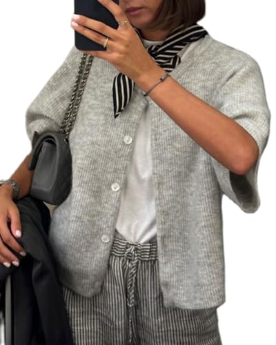 Acrawnni Damen Y2k Crop Knit Cardigan Button Down Kurzarm Rippstrick Crop Top Sweater Stricktops Outwear Streetwear, A-grau, S von Acrawnni