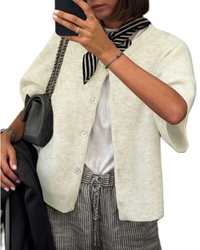 Acrawnni Damen Y2k Crop Knit Cardigan Button Down Kurzarm Rippstrick Crop Top Sweater Stricktops Outwear Streetwear, A-weiß, L von Acrawnni