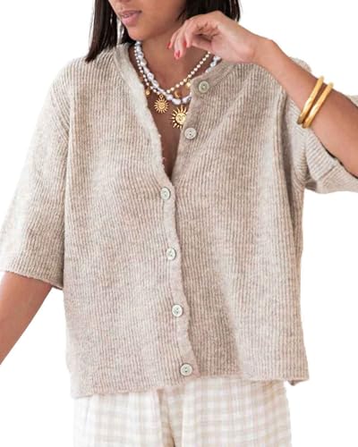 Acrawnni Damen Y2k Crop Knit Cardigan Button Down Kurzarm Rippstrick Crop Top Sweater Stricktops Outwear Streetwear, B-Dark Khaki, M von Acrawnni