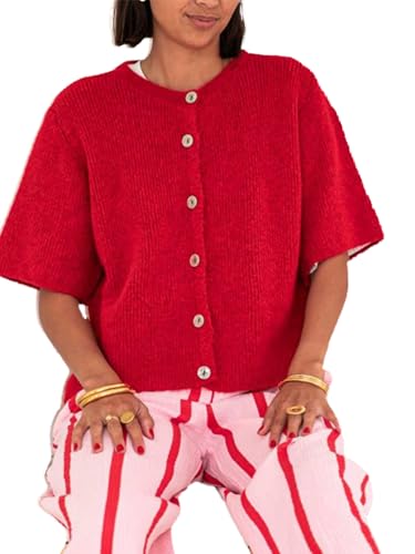 Acrawnni Damen Y2k Crop Knit Cardigan Button Down Kurzarm Rippstrick Crop Top Sweater Stricktops Outwear Streetwear, B-Rot, L von Acrawnni
