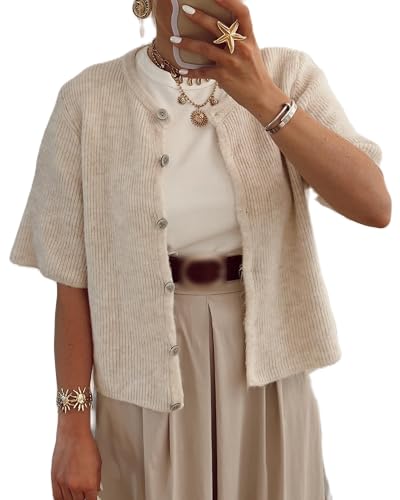 Acrawnni Damen Y2k Crop Knit Cardigan Button Down Kurzarm Rippstrick Crop Top Sweater Stricktops Outwear Streetwear, B-khaki, M von Acrawnni