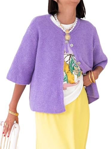 Acrawnni Damen Y2k Crop Knit Cardigan Button Down Kurzarm Rippstrick Crop Top Sweater Stricktops Outwear Streetwear, B-lila, S von Acrawnni