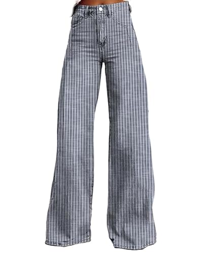 Acrawnni Damen Y2k Jeans High Rise Retro Klassisch Streifen Print Weites Bein Denim Hose Boyfriend Bottom Jeans mit Taschen Streetwear, A-Blau, L von Acrawnni