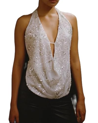 Acrawnni Damen Y2k Pailletten Neckholder Cami Top Ärmellos Tiefer V-Ausschnitt Sparkle Crop Tops Offener Rücken Glitzer Camisoles Tanzen Festival Rave Club Outfits, B-weiß, L von Acrawnni