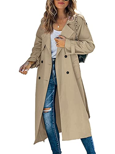 Acrawnni Damen Zweireihiger Langer Trenchcoat Winddicht Klassisch Revers Lange Herbstjacke Slim Overcoat mit Gürtel, A-Kaki, S von Acrawnni