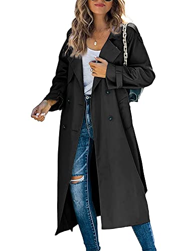 Acrawnni Damen Zweireihiger Langer Trenchcoat Winddicht Klassisch Revers Lange Herbstjacke Slim Overcoat mit Gürtel, A-schwarz, S von Acrawnni