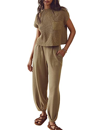 Acrawnni Damen Zweiteilige Outfits Pullover Sets Rippstrick Kurzarm Pullover Tops und Hohe Taille Weites Bein Hose mit Taschen, A-Kaki, 36 von Acrawnni