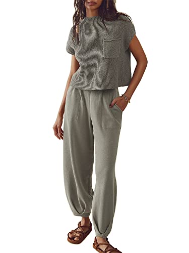 Acrawnni Damen Zweiteilige Outfits Pullover Sets Rippstrick Kurzarm Pullover Tops und Hohe Taille Weites Bein Hose mit Taschen, A-grau, 36 von Acrawnni