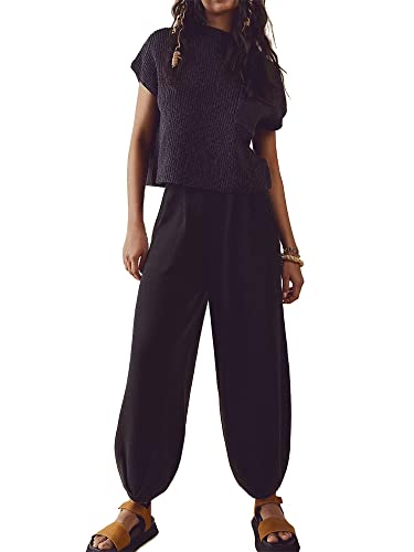 Acrawnni Damen Zweiteilige Outfits Pullover Sets Rippstrick Kurzarm Pullover Tops und Hohe Taille Weites Bein Hose mit Taschen, A-schwarz, 38 von Acrawnni