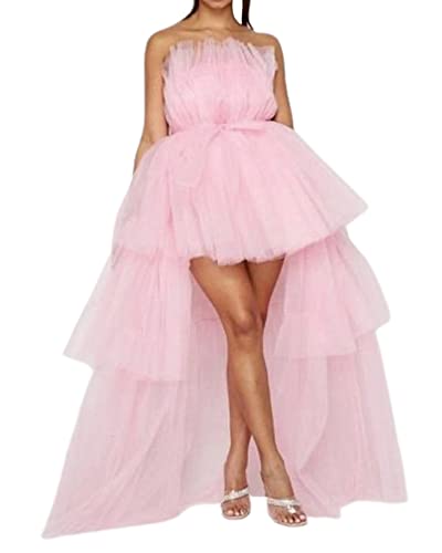 Acrawnni Damen gestuftes Hoch Niedrig Tüll Kleid Sexy Schulterfrei Spitze Mesh Rüschen Tutu Kurzes Kleid Party Cocktail Kleid Fee Kleid, rose, Small von Acrawnni