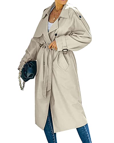 Acrawnni Damen zweireihiger langer Trenchcoat klassisches Revers lange Herbstjacke winddichter Mantel mit Gürtel (Khaki, L) von Acrawnni