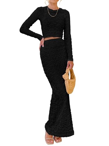 Acrawnni Damenmode Röcke 2-teiliges Outfit Herbst Winter Langarm Bodycon Pullover Tops Rüschen Meerjungfrau Maxi Rock Set, A-schwarz, M von Acrawnni