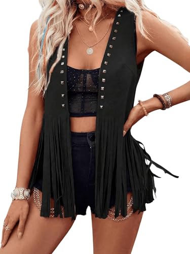 Acrawnni Damenweste mit Quasten, 70er-Jahre, Hippie-Kunstwildleder, Nieten, ärmellos, Fransen, Wester, Jacke, offene Vorderseite, Boho, Westernjacke, Cardigan, C-schwarz, XXL Acrawnni Damenweste mit Quasten, 70er-Jahre, Hippie-Kunstwildleder, Nieten, ärmellos, Fransen, Wester, Jacke, offene Vorderseite, Boho, Westernjacke, Cardigan, C-schwarz, XXL von Acrawnni