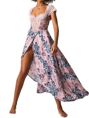 Acrawnni Frauen Boho Cap Sleeve Maxi Kleid Y2K Spitze Blumendruck Rückenfrei Korsett Split Kleid Cocktail Strandkleid, A-Pink, Small von Acrawnni