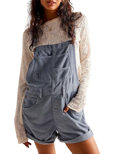 Acrawnni Frauen Cord Kurze Overalls Sommer Ärmellos Verstellbare Träger Baggy Lätzchen Overall Strampler Gerollte Manschette Kurze Hosen Mit Taschen, B-Blau, 36 von Acrawnni