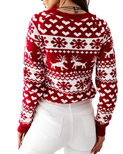 Acrawnni Frauen Hässliche Weihnachten Elch Schneeflocke Bär Druck Strickpullover Neujahr Rundhals Strick Weihnachten Urlaub Pullover, N-Rot, M von Acrawnni