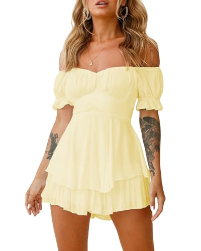 Acrawnni Frauen Puffärmel Kleid Schulterfrei Gesmokt Bodycon Minikleid Casual Geraffte U-Boot-Ausschnitt Rüschen A-Linie Flowy Kurzes Kleid, B-gelb, L von Acrawnni