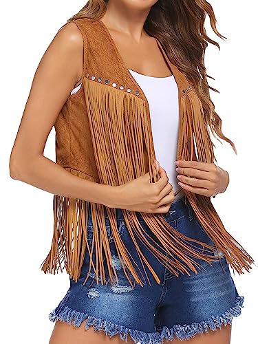 Acrawnni Damenweste mit Quasten, 70er-Jahre, Hippie-Kunstwildleder, Nieten, ärmellos, Fransenweste, Jacke, vorne offen, Boho, Westernjacke, Cardigan, A-Kaki, S von Acrawnni