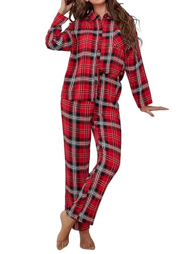 Acrawnni Frauen Weihnachten 2-teiliges Pyjama-Set Plaid Umlegekragen Langarm Shirts Tops und Hosen 2 Stück Loungewear Outfits, A-rot Schwarz Plaid, 42 von Acrawnni