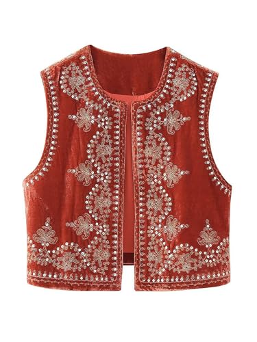 Acrawnni Frauen Weste Vintage Floral Bestickt Crop Weste Casual National Open Front Ärmellos Cardigan Oberbekleidung Gilet Streetwear, D-rot Orange, L von Acrawnni