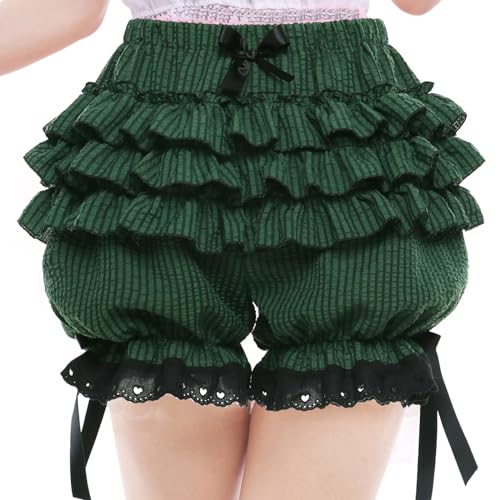 Acrawnni Frauen Y2k Spitze Spleiß Shorts Lolita Layered Bloomers Nette Rüschen Spitze Trim Kürbis Hosen Elastische Taille Mini Kurze Hosen, D-Grün, L von Acrawnni