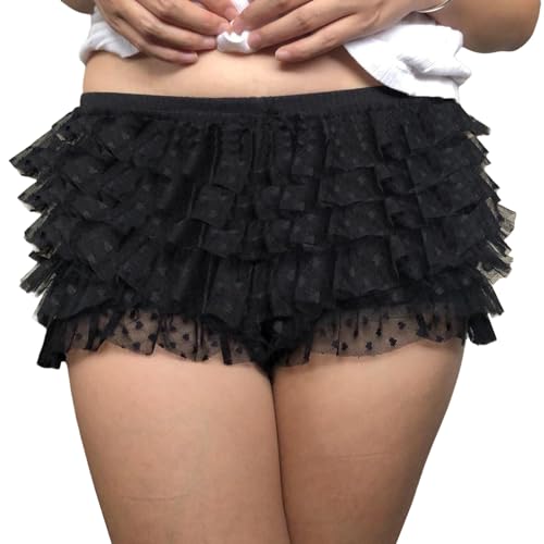 Acrawnni Frauen Y2k Spitze Spleiß Shorts Lolita Layered Bloomers Nette Rüschen Spitze Trim Kürbis Hosen Elastische Taille Mini Kurze Hosen, G-black, S von Acrawnni