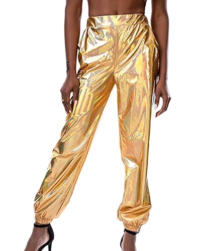 Acrawnni Glänzende metallische Damen-Hose, elastische Taille, holografisch, Hip-Hop, gerade, weites Bein, lange Hose, Clubwear mit Taschen, C-Gold, M von Acrawnni