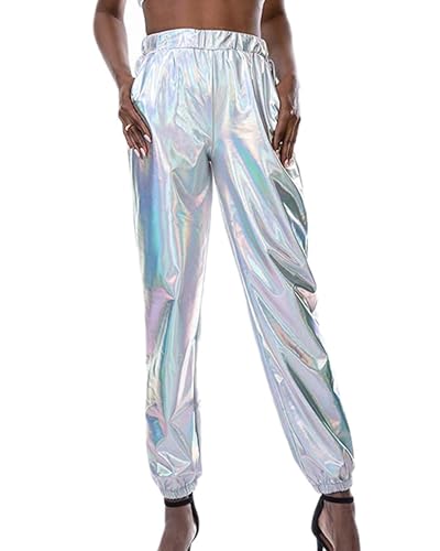 Acrawnni Glänzende metallische Damen-Hose, elastische Taille, holografisch, Hip-Hop, gerade, weites Bein, lange Hose, Clubwear mit Taschen, D-weiß, L von Acrawnni