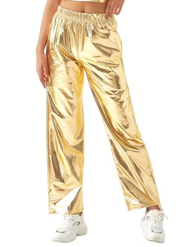 Acrawnni Glänzende metallische Damen-Hose, elastischer Bund, holografisch, Hip-Hop, gerade, weites Bein, lange Hose, Clubwear mit Taschen, A-Gold, L von Acrawnni