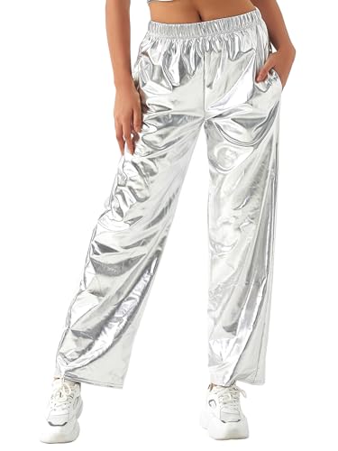 Acrawnni Glänzende metallische Damen-Hose, elastischer Bund, holografisch, Hip-Hop, gerade, weites Bein, lange Hose, Clubwear mit Taschen, A-Silber, XL von Acrawnni