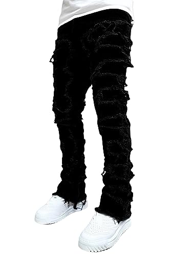 Acrawnni Herren Stacked Jeans Slim Fit Ripped Skinny Stretch Jeans Distressed Straight Denim Pants Hip Hop Hose Streetwear, A-schwarz, L von Acrawnni