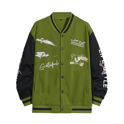 Acrawnni Herren Varsity College Jacke Baseball Bomberjacke Vintage Sweatshirt Buchstaben Bär Druck Kontrast Farbe Varsity Jacke, A-army Grün, L von Acrawnni