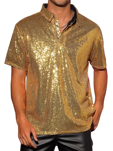 Acrawnni Herrenhemd mit glitzernden Pailletten, Vintage-Sommer, 1/4 Glitzerknopf, kurzärmelig, Disco-Top, 70er-Jahre-Party, Club, glänzendes Hemd, Rave-Tops, A-Gold, 3XL Acrawnni Herrenhemd mit glitzernden Pailletten, Vintage-Sommer, 1/4 Glitzerknopf, kurzärmelig, Disco-Top, 70er-Jahre-Party, Club, glänzendes Hemd, Rave-Tops, A-Gold, 3XL von Acrawnni