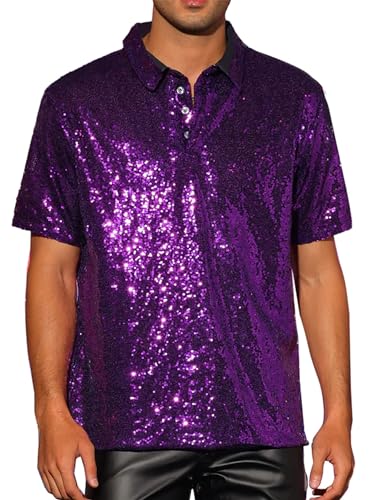 Acrawnni Herrenhemd mit glitzernden Pailletten, Vintage-Sommer, 1/4 Glitzerknopf, kurzärmelig, Disco-Top, 70er-Jahre-Party, Club, glänzendes Hemd, Rave-Tops, A-purple, 3XL Acrawnni Herrenhemd mit glitzernden Pailletten, Vintage-Sommer, 1/4 Glitzerknopf, kurzärmelig, Disco-Top, 70er-Jahre-Party, Club, glänzendes Hemd, Rave-Tops, A-purple, 3XL von Acrawnni