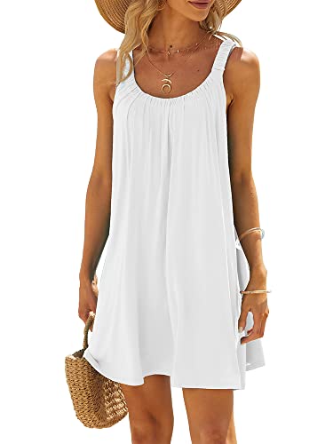 Acrawnni Lässiges Sommerkleid für Damen, Strandkleid, einfarbig, ärmellos, kurzes Sommerkleid, lockeres Tank-T-Shirt, trendiges Kleid, A-weiß, XL von Acrawnni