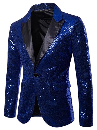 Acrawnni Männer Pailletten Blazer Anzug Revers Glänzende Jacke Blazer Ein-Knopf Smoking für Party Hochzeit Bankett Weihnachten Nachtclub, A-Blau, L von Acrawnni