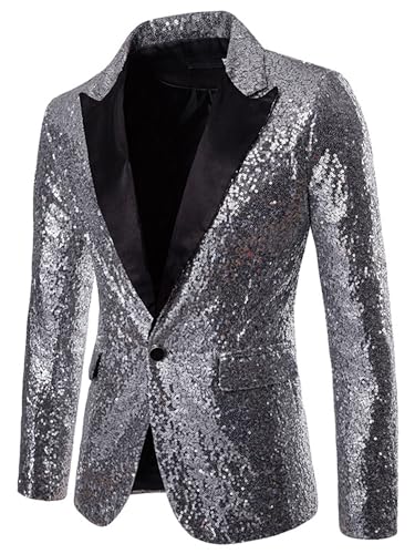 Acrawnni Männer Pailletten Blazer Anzug Revers Glänzende Jacke Blazer Ein-Knopf Smoking für Party Hochzeit Bankett Weihnachten Nachtclub, A-Silber, S von Acrawnni