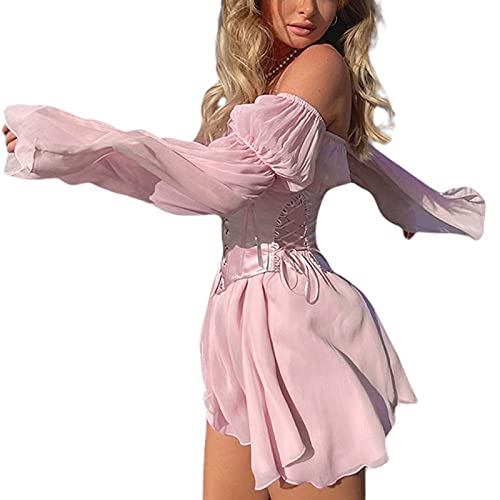 Acrawnni Schulterfreies Damen-Kleid aus Netzstoff, kurz, unregelmäßig, verstellbar, Schnürung, lange Puffärmel, Swing-Kleid, rose, Small von Acrawnni