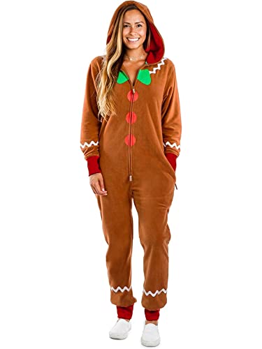 Acrawnni Weihnachten Erwachsene Lebkuchenmann Kostüm Lebkuchen Onesie Weihnachten Outfit Aldult Cosplay Kapuzen Jumpsuit, C-brown Erwachsene, 48 von Acrawnni
