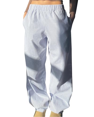 Acrawnni Y2k Damenhose mit weitem Bein, hohe elastische Taille, Streifen, Kordelzug, weites Bein, gestreifte Pyjamahose, Sweatpants, C-Blau, S von Acrawnni