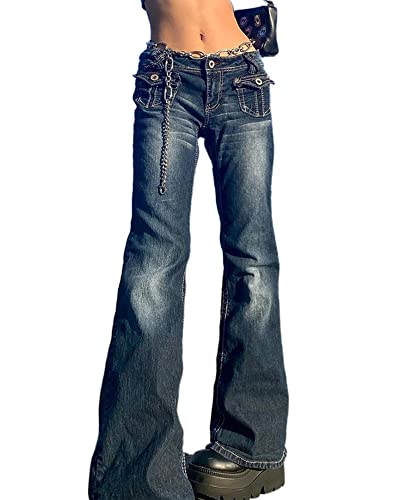 Acrawnni Y2k Gothic-Cargo-Jeans für Damen, weites gerades Bein, Punk, Grunge, Baggy-Hose, Gothic, ästhetische Denim-Hose, Streetwear mit Taschen, E-dark blue, XS Acrawnni Y2k Gothic-Cargo-Jeans für Damen, weites gerades Bein, Punk, Grunge, Baggy-Hose, Gothic, ästhetische Denim-Hose, Streetwear mit Taschen, E-dark blue, XS von Acrawnni