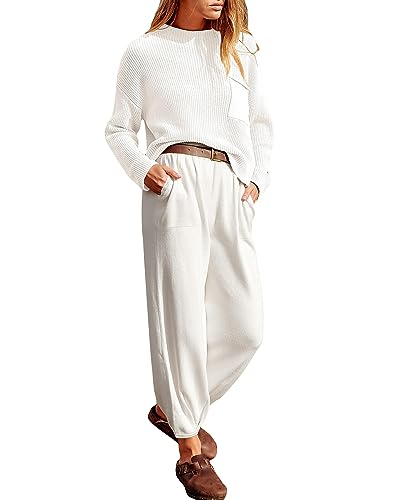 Acrawnni Zweiteilige Outfits für Damen, Pullover-Sets aus Rippstrick, kurzärmelig, Oberteil und Hose mit hoher Taille, weitem Bein und Taschen, B-weiß, 42 von Acrawnni