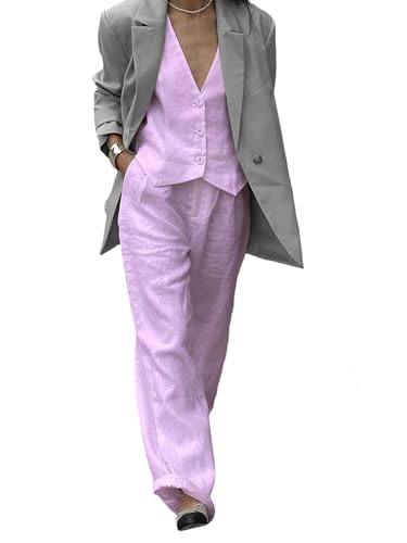 Acrawnni Damen-Blazer, 2-teiliges Outfit, formelle Baumwolle, Leinen, ärmellos, Knopf, Weste, weites Bein, Hose, Set, Blazer, Anzüge, Business-Anzug, A-Pink, Medium von Acrawnni