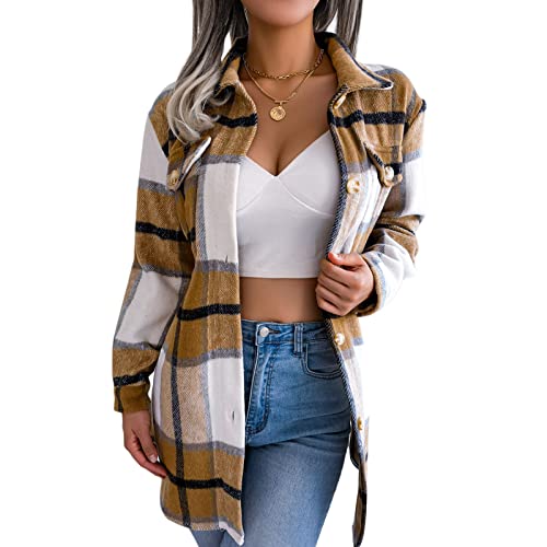 Damen Flanell Plaid Jacke Langarm Revers Oversized Button Down Casual Herbst Plaid Hemd Jacke Mantel mit Gürtel, A-Kaki, 38 von Acrawnni